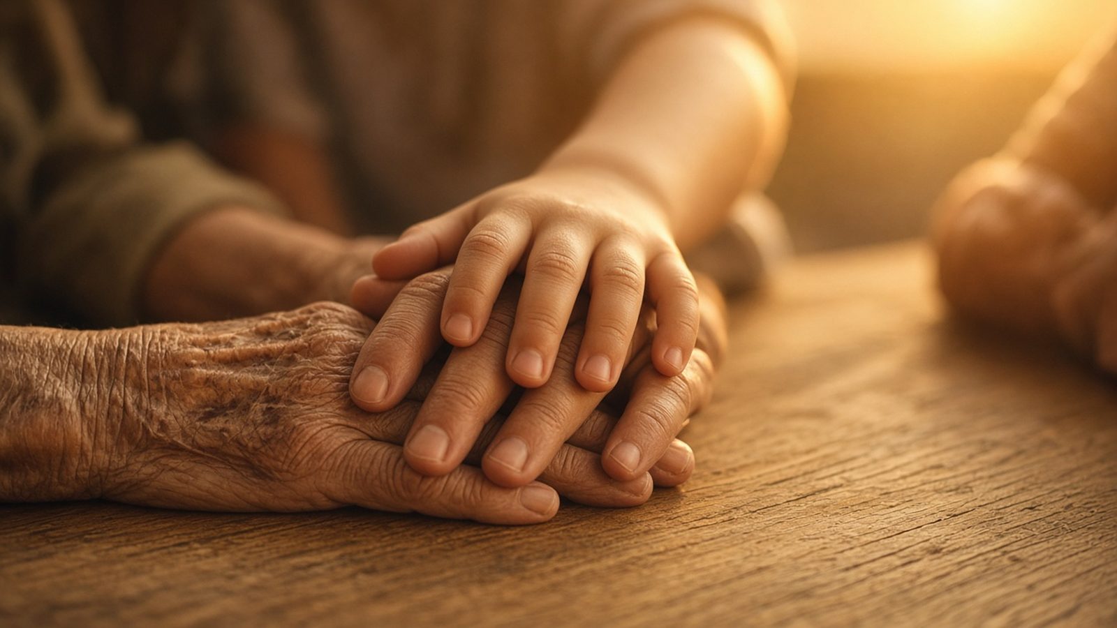 Three generations of family hands resting together on a table